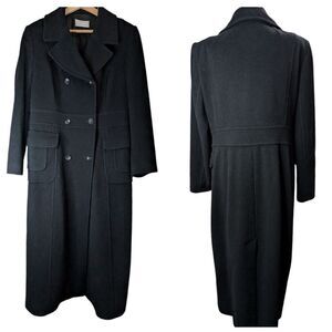 Black wool cashmere full length coat double- breasted, detachable fur lo…